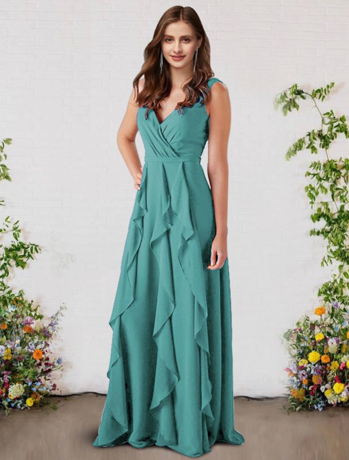 A-Line Bridesmaid Dress V Neck Sleeveless Elegant Floor Length Chiffon with Ruffles